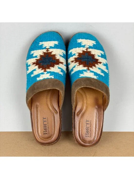 Born Bandy Blanket Mules Clogs Womens 9 Brown Blue White Slip On - Picture 10 of 11